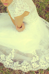 A-line Small Round Collar Tea Length Short Sleeves Tulle Applique Lace Wedding Dress-Ballbella