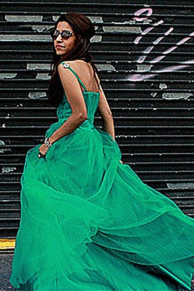 A-line Spaghetti Strap Floor Length Chapel Tulle Rhinestone Prom Dress-Ballbella