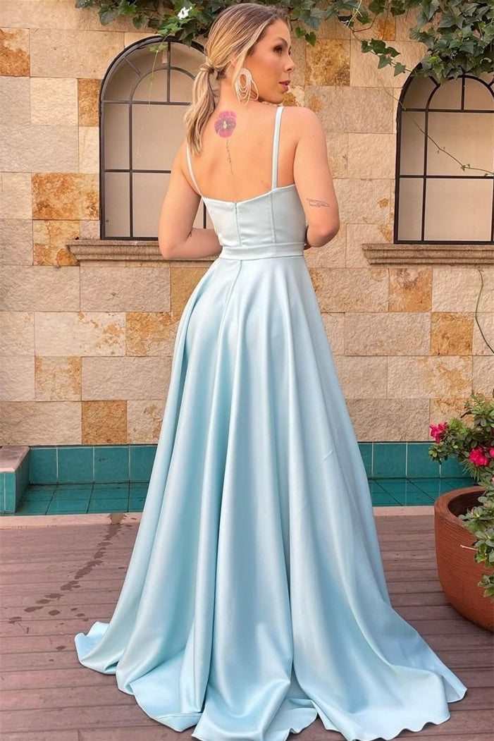 A-line Spaghetti strap Floor Length Sleeveless Backless Prom Dress-Ballbella