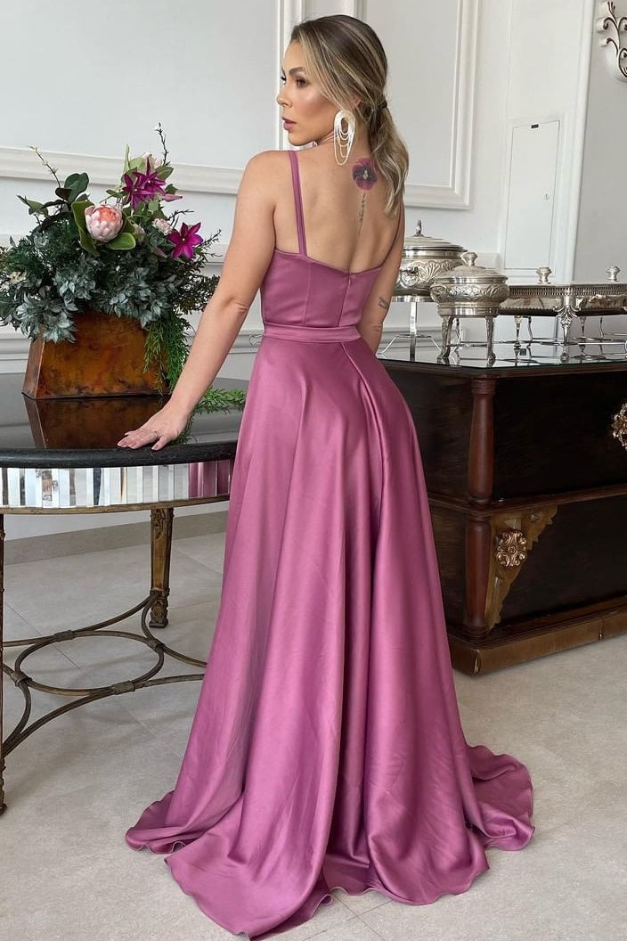 A-line Spaghetti strap Floor Length Sleeveless Backless Prom Dress-Ballbella