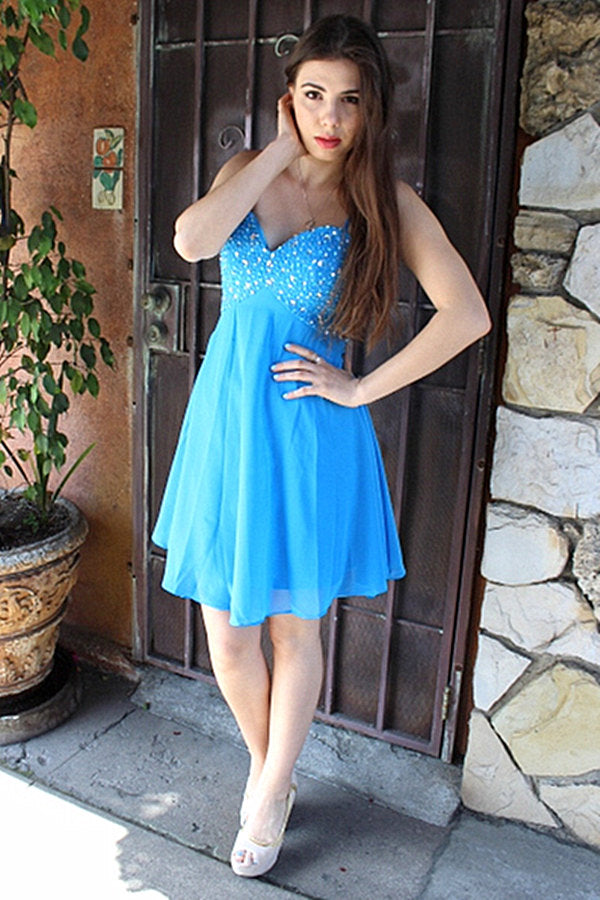 A-line Spaghetti Strap Knee Length Chiffon Rhinestone Prom Dress-Ballbella