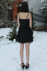 A-line Spaghetti Strap Knee Length Tulle Rhinestone Homecoming Dress-Ballbella