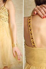 A-line Spaghetti Strap Knee Length Tulle Rhinestone Prom Dress-Ballbella