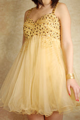 A-line Spaghetti Strap Knee Length Tulle Rhinestone Prom Dress-Ballbella