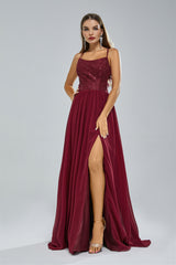 A-line Spaghetti strap Lace Sequined Floor-length Sleeveless Backless High Split Elegant Prom Dress-Ballbella