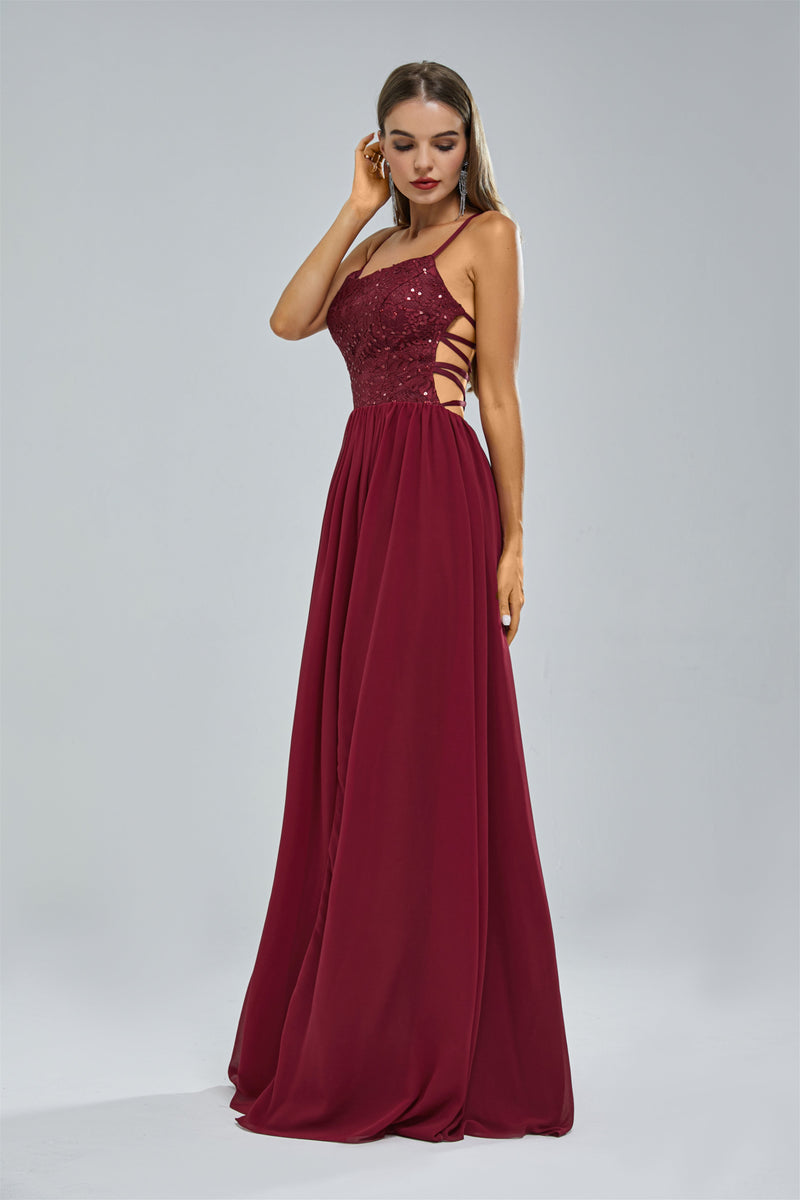 A-line Spaghetti strap Lace Sequined Floor-length Sleeveless Backless High Split Elegant Prom Dress-Ballbella