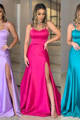 A-line Spaghetti strap Sleeveless Sweetheart High Split Floor-length Prom Dress-Ballbella