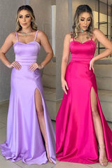 A-line Spaghetti strap Sleeveless Sweetheart High Split Floor-length Prom Dress-Ballbella