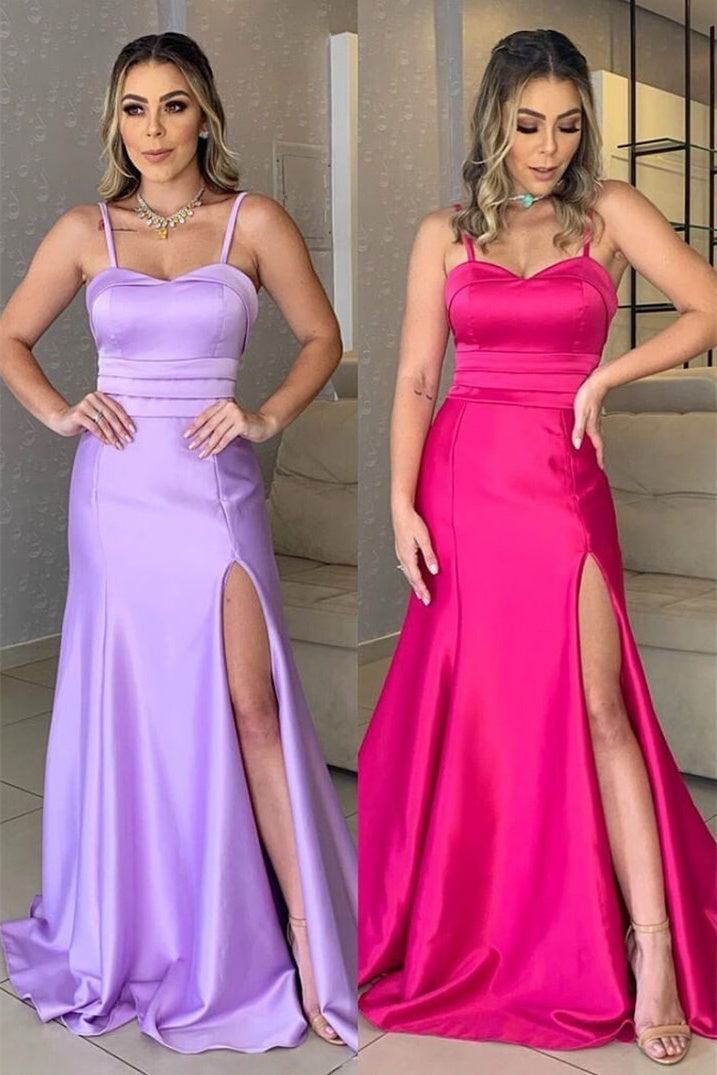 A-line Spaghetti strap Sleeveless Sweetheart High Split Floor-length Prom Dress-Ballbella