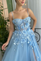 A-line Spaghetti strap Sweetheart Floor-length Sleeveless Split Front Appliques Lace Prom Dress-Ballbella