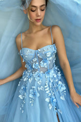 A-line Spaghetti strap Sweetheart Floor-length Sleeveless Split Front Appliques Lace Prom Dress-Ballbella