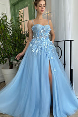 A-line Spaghetti strap Sweetheart Floor-length Sleeveless Split Front Appliques Lace Prom Dress-Ballbella