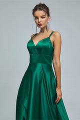 A-line Spaghetti strap Sweetheart Satin Floor-length Sleeveless Backless High Split Prom Dress-Ballbella