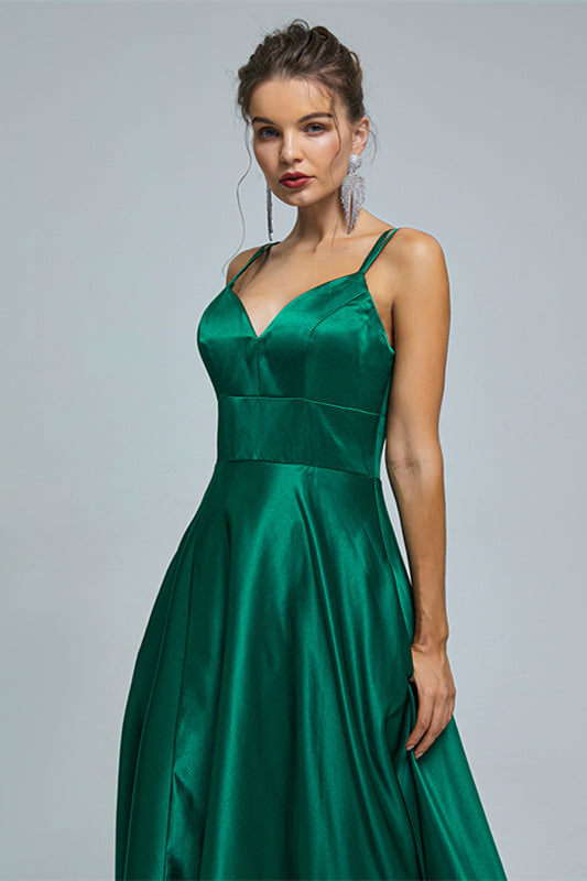 A-line Spaghetti strap Sweetheart Satin Floor-length Sleeveless Backless High Split Prom Dress-Ballbella