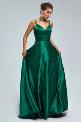 A-line Spaghetti strap Sweetheart Satin Floor-length Sleeveless Backless High Split Prom Dress-Ballbella