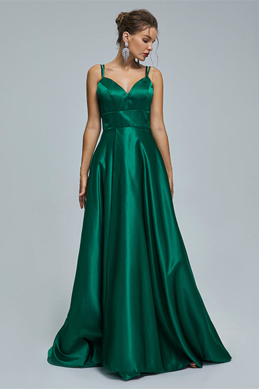 A-line Spaghetti strap Sweetheart Satin Floor-length Sleeveless Backless High Split Prom Dress-Ballbella