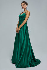 A-line Spaghetti strap Sweetheart Satin Floor-length Sleeveless Backless High Split Prom Dress-Ballbella