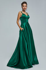 A-line Spaghetti strap Sweetheart Satin Floor-length Sleeveless Backless High Split Prom Dress-Ballbella