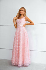 A-line Square Lace Applique Floor-length Sleeveless Backless Prom Dress-Ballbella