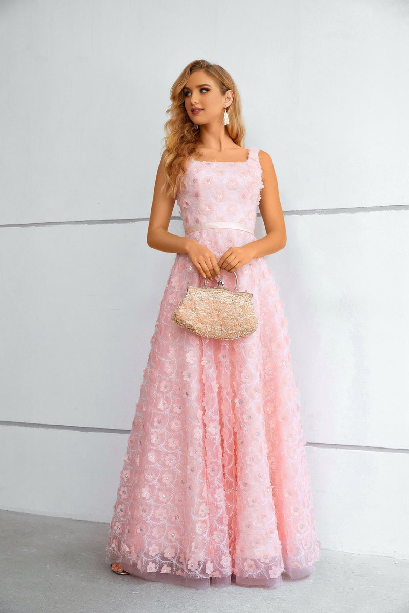 A-line Square Lace Applique Floor-length Sleeveless Backless Prom Dress-Ballbella