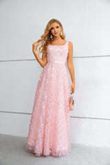 A-line Square Lace Applique Floor-length Sleeveless Backless Prom Dress-Ballbella