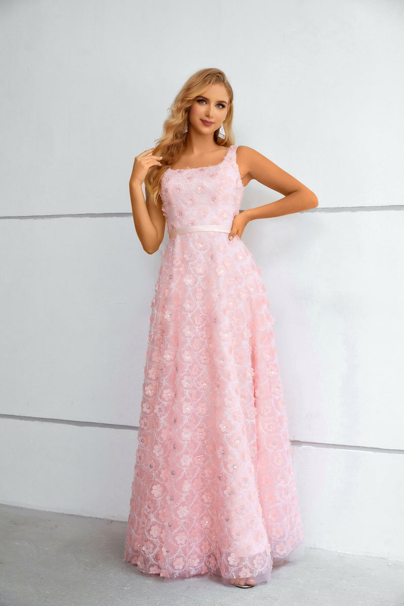 A-line Square Lace Applique Floor-length Sleeveless Backless Prom Dress-Ballbella