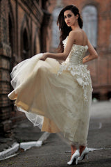 A-line Strapless Floor Length Charmuse Tulle Applique Wedding Dress-Ballbella