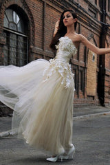 A-line Strapless Floor Length Charmuse Tulle Applique Wedding Dress-Ballbella