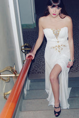 A-line Strapless Floor Length Chiffon Front Slit Rhinestone Wedding Dress-Ballbella