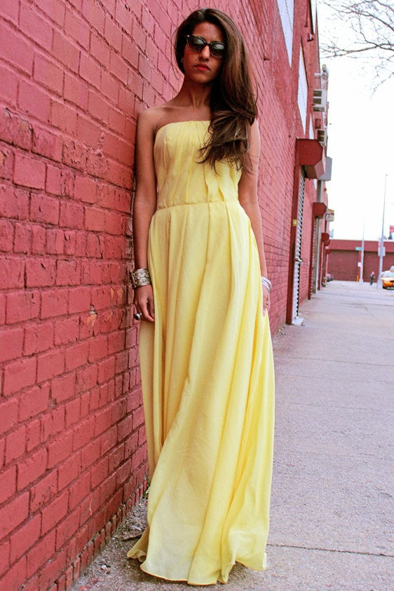 A-line Strapless Floor Length Chiffon Sleeveless Glam Prom Dress-Ballbella