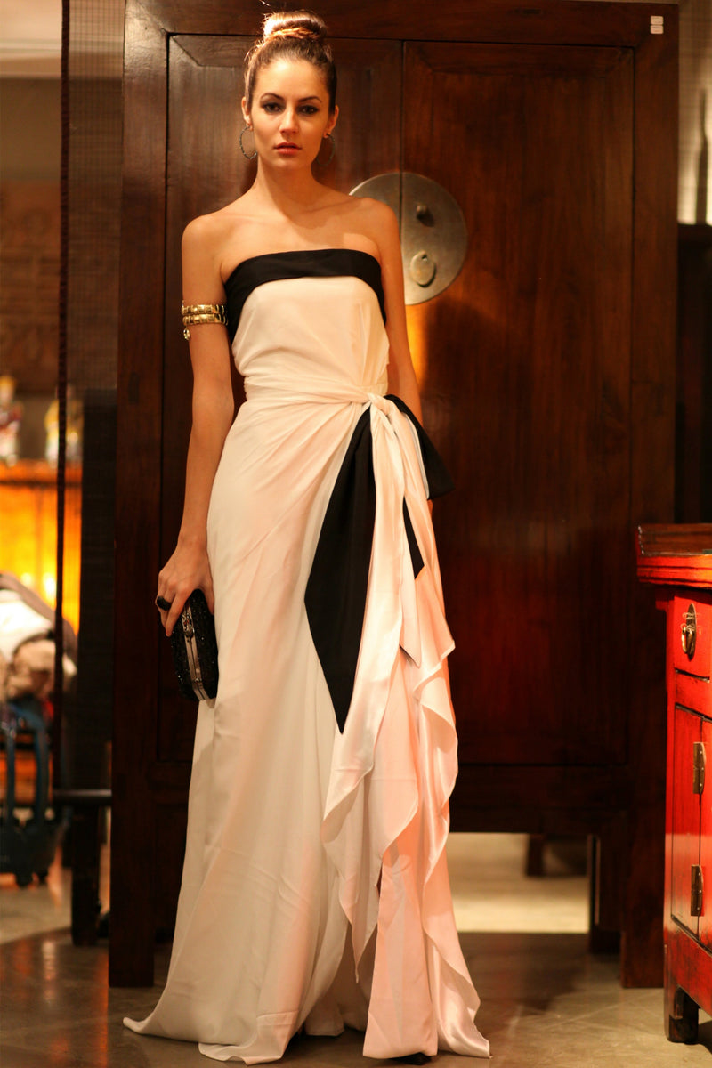 A-line Strapless Front Slit Floor Length Bicolor Chiffon Evening Dress-Ballbella