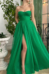 A-line Strapless Sweetheart Sequined Floor-length Sleeveless Open Back High Split Prom Dress-Ballbella