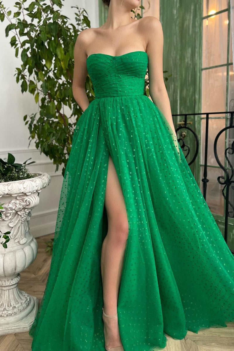 A-line Strapless Sweetheart Sequined Floor-length Sleeveless Open Back High Split Prom Dress-Ballbella