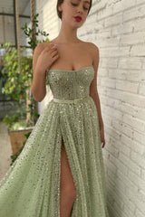 A-line Strapless Sweetheart Sequined High Split Floor-length Sleeveless Open Back Sexy Prom Dress-Ballbella