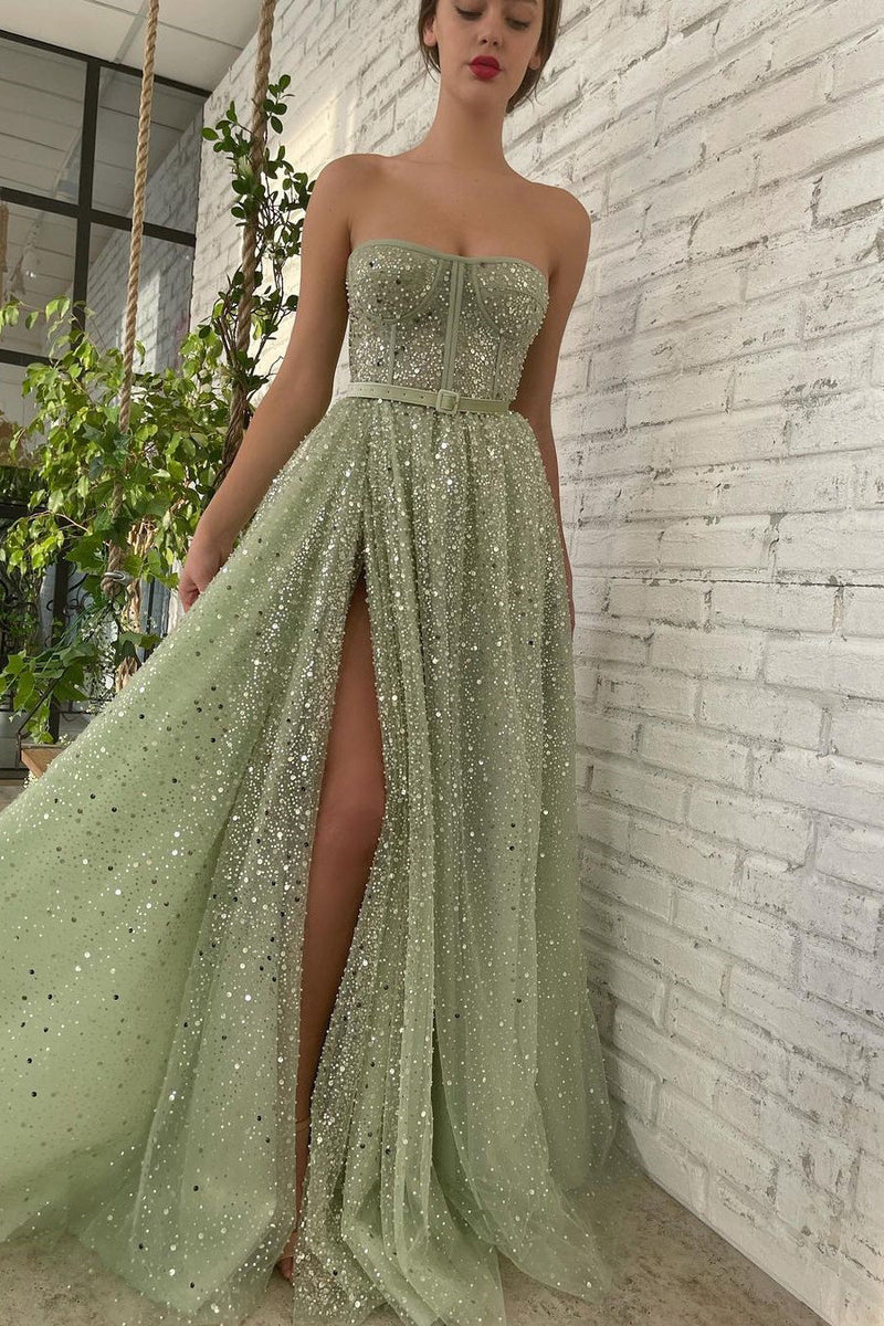 A-line Strapless Sweetheart Sequined High Split Floor-length Sleeveless Open Back Sexy Prom Dress-Ballbella