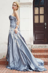 A-line Sweetheart Floor Length Charmuse Applique Lace Evening Dress-Ballbella