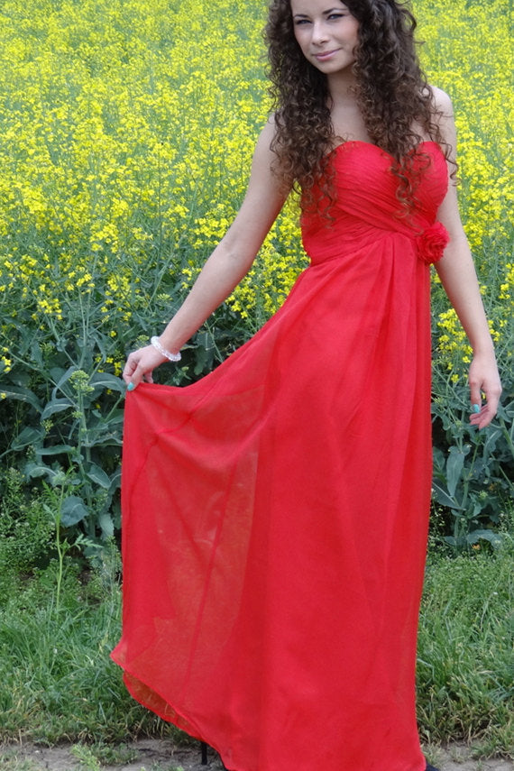 A-line Sweetheart Floor Length Chiffon Handmade Flower Prom Dress-Ballbella