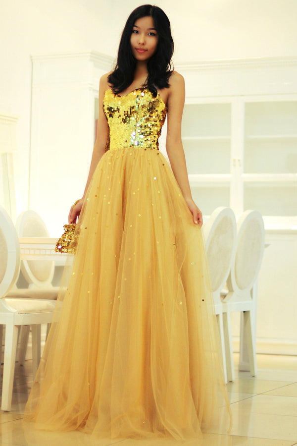 A-line Sweetheart Floor Length Tulle Paillette Prom Dress-Ballbella