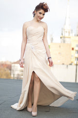 A-line Sweetheart Front Slit Floor Length Chiffon Applique Evening Dress-Ballbella