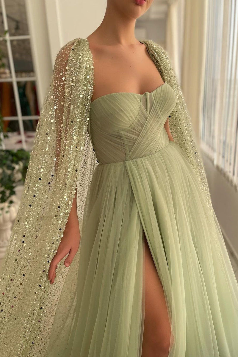 A-line Sweetheart High Split Shawl Sequined Floor-length Elegant Prom Dress-Ballbella