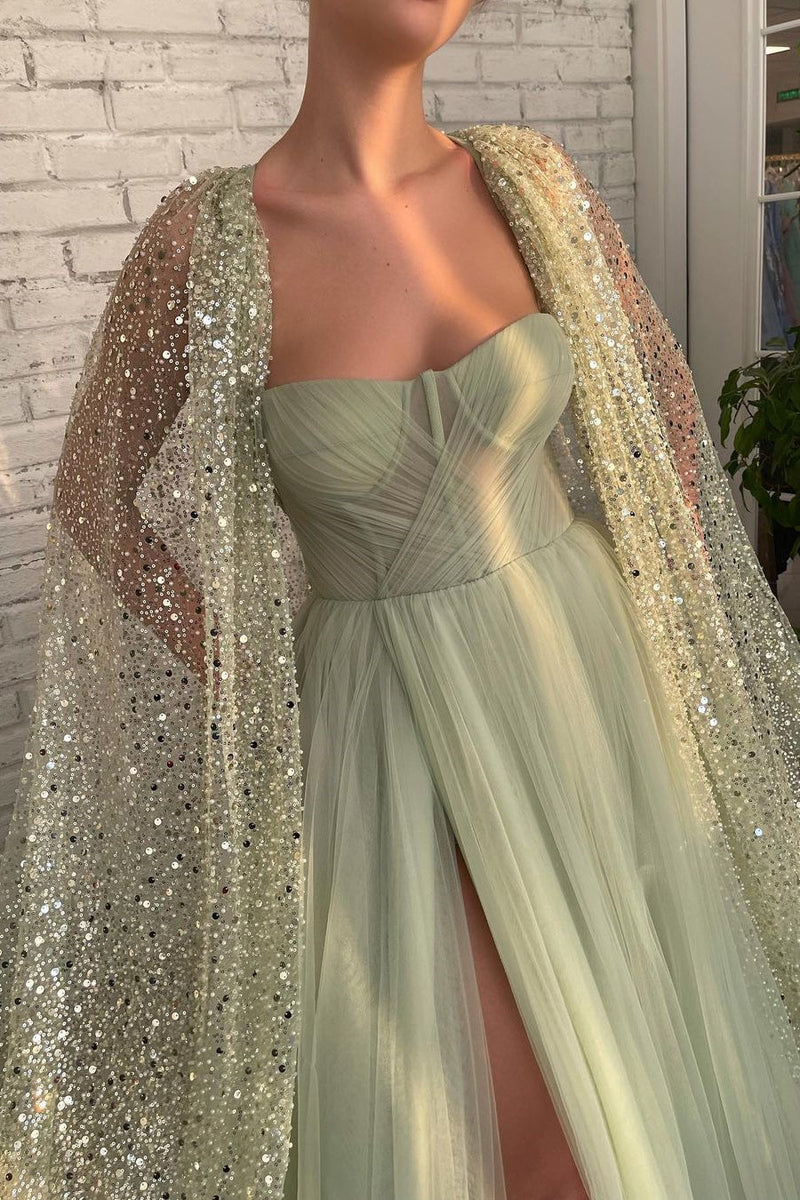 A-line Sweetheart High Split Shawl Sequined Floor-length Elegant Prom Dress-Ballbella