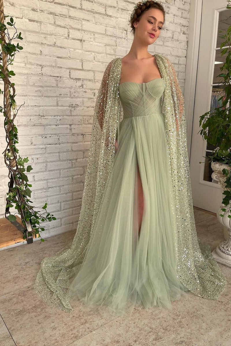 A-line Sweetheart High Split Shawl Sequined Floor-length Elegant Prom Dress-Ballbella