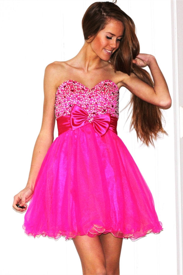 A-line Sweetheart Knee Length Tulle Beaded Flower Homecoming Dress-Ballbella