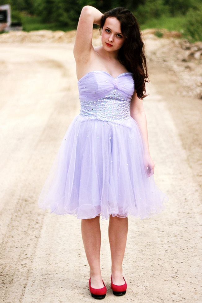 A-line Sweetheart Knee Length Tulle Rhinestone Prom Dress-Ballbella