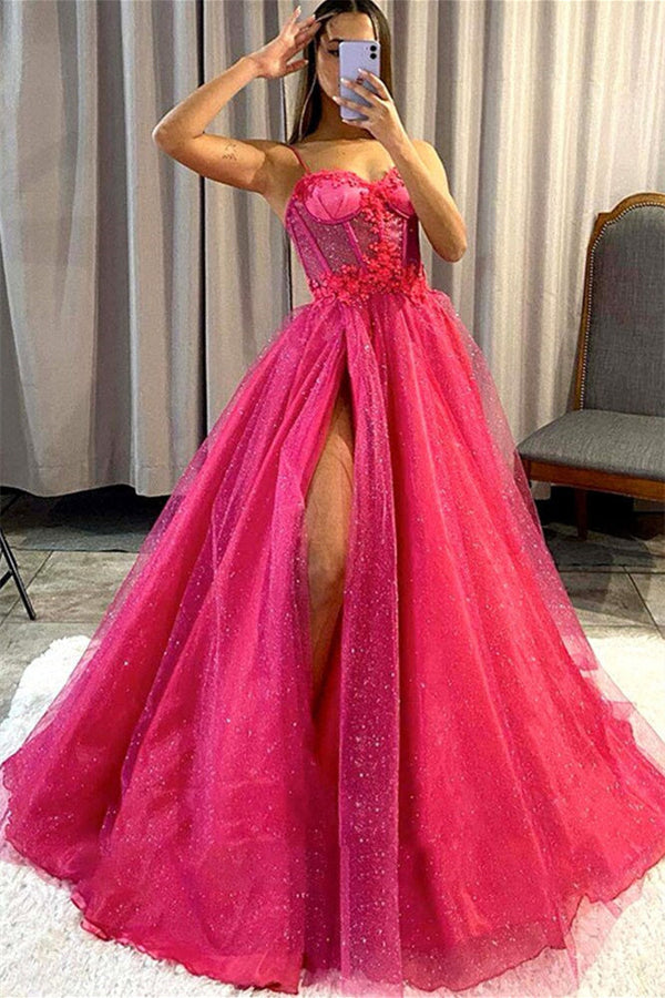 A-line Sweetheart Spaghetti strap Sequined Appliques Lace Sleeveless Floor-length Prom Dress-Ballbella