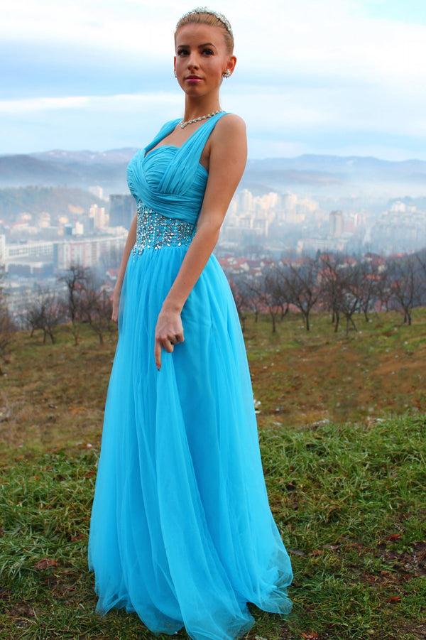 A-line Sweetheart Wide Strap Floor Length Chiffon Rhinestone Prom Dress-Ballbella