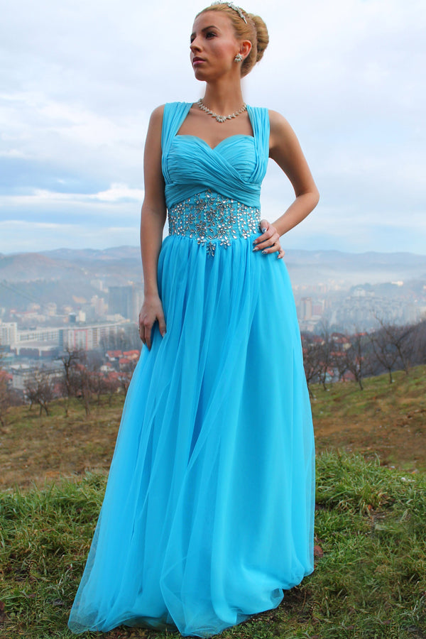 A-line Sweetheart Wide Strap Floor Length Chiffon Rhinestone Prom Dress-Ballbella