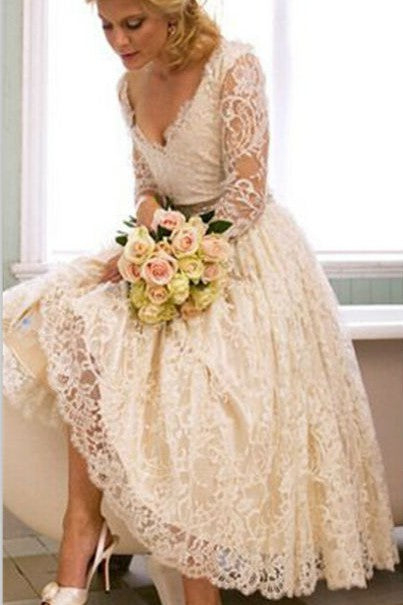 A Line V Neck 3/4 Long Sleeves Lace Wedding Dress New Arrival Tea Length Plus Size Bridal Gown-Ballbella