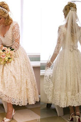 A Line V Neck 3/4 Long Sleeves Lace Wedding Dress New Arrival Tea Length Plus Size Bridal Gown-Ballbella