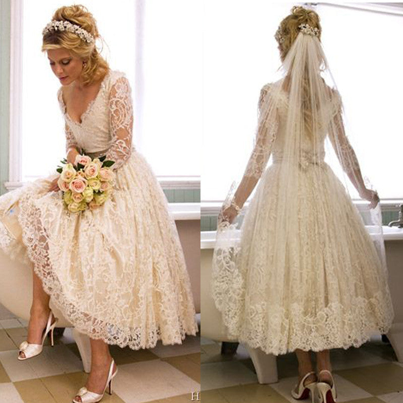 Ballbella custom white lace tea length wedding dresses in high quality at factory price, saving your money and making you shinning at your party.